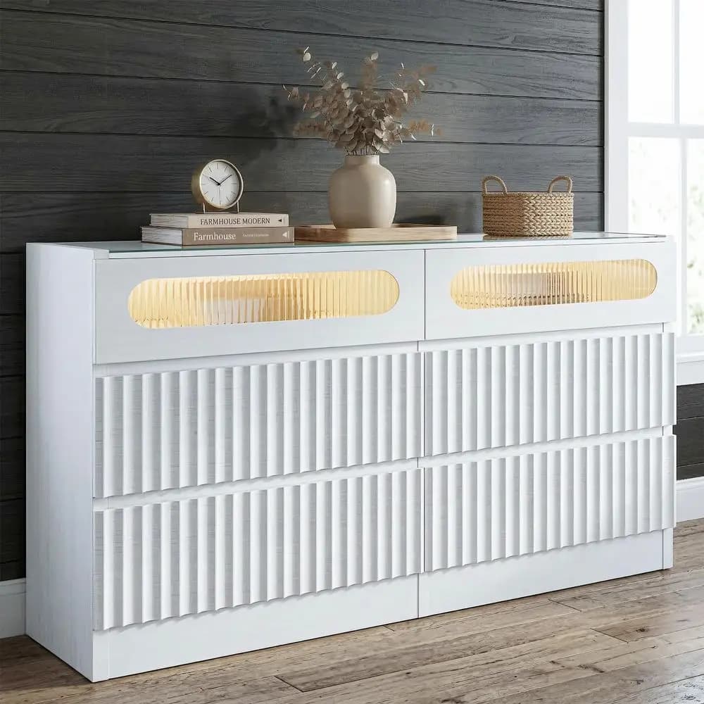 Cassettiera scanalata a 6 cassetti, con luci a LED, pannello in vetro temperato, cassettiera con maniglie a scomparsa, cassetto portaoggetti compartimentato, per camera da letto.