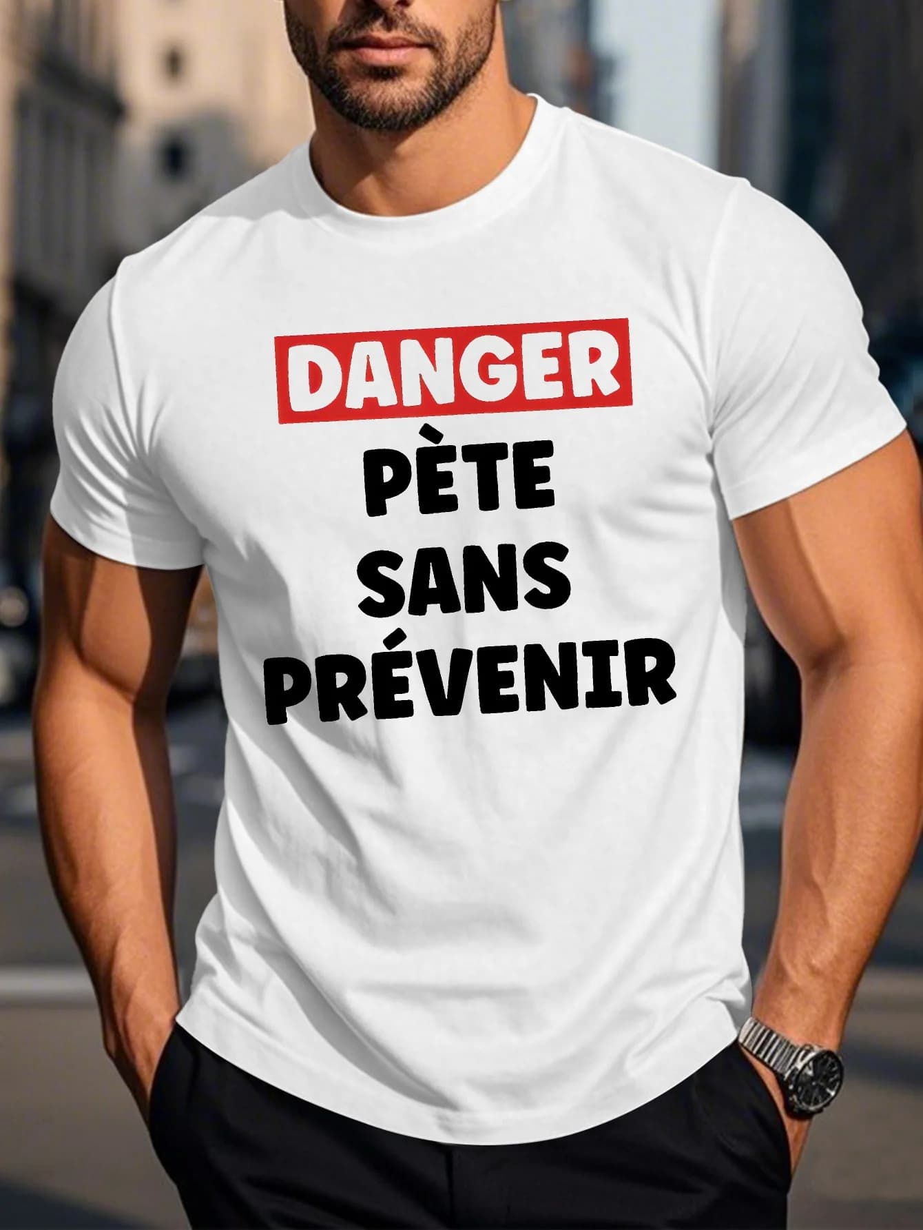 T-shirt divertente da uomo con motivo umoristico francese - Slogan 'Pericoloso, sono francese' e stampe geometriche
