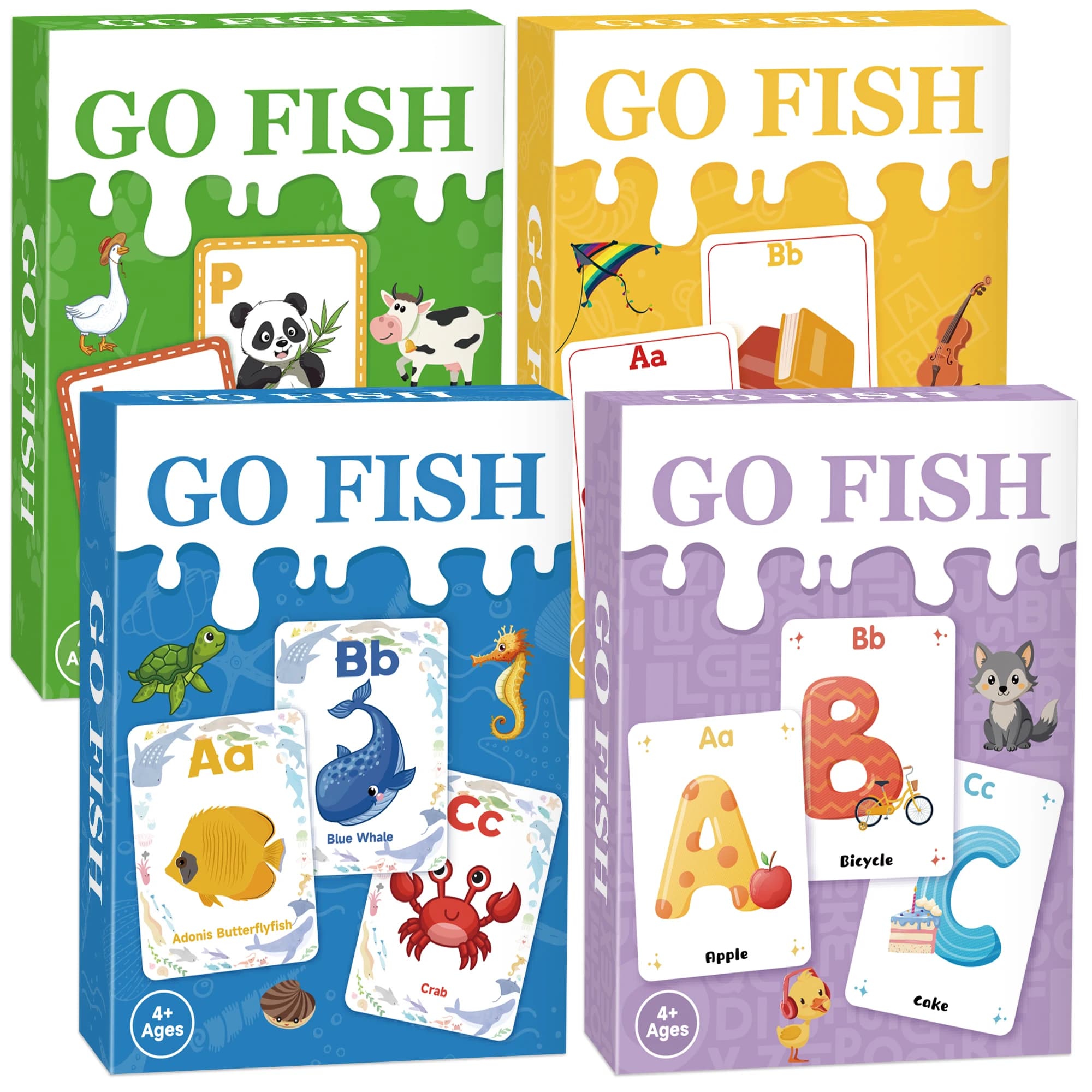 Go Fish, 4 Pacchetti di Carte Educative con Alfabeto per Bambini 4-8 Anni, Giochi di Carte per Bambini per Serate di Gioco in Famiglia, Prescolare, Regali di Compleanno