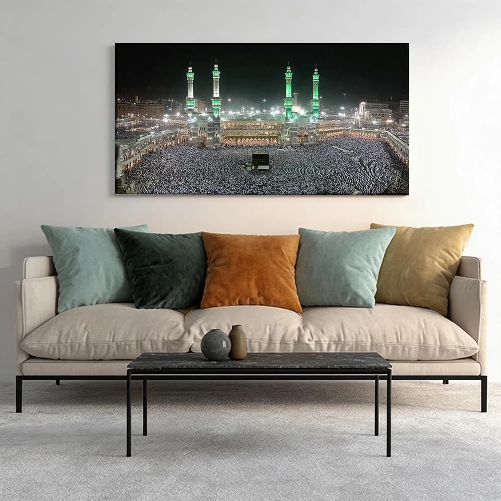 Painted on canvas with large wooden frame, 1 piece, Pilgrims at the sacred site of Mecca.