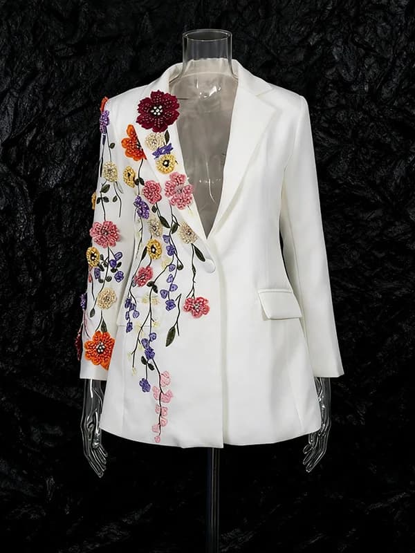 Autumn Winter Embroidered Beaded Loose Midi Length Women's Suit Jacket Luxury Fluffy Flower Stitching Fashionable