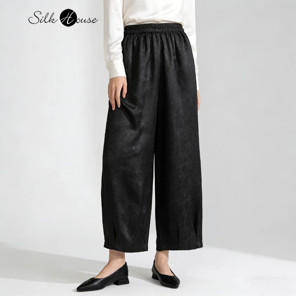 Plus Size Women's Fashion New Black Simple 100% Natural Mulberry Silk Fragrant Cloud Yarn Versatile Elastic Waist Wide Leg Pants