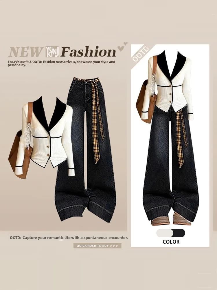Spring 2026 Fashion Color Block Knitted Sweater High Waist Wide Leg Jeans Two Piece Set Street Style Outfit Turn down Collar