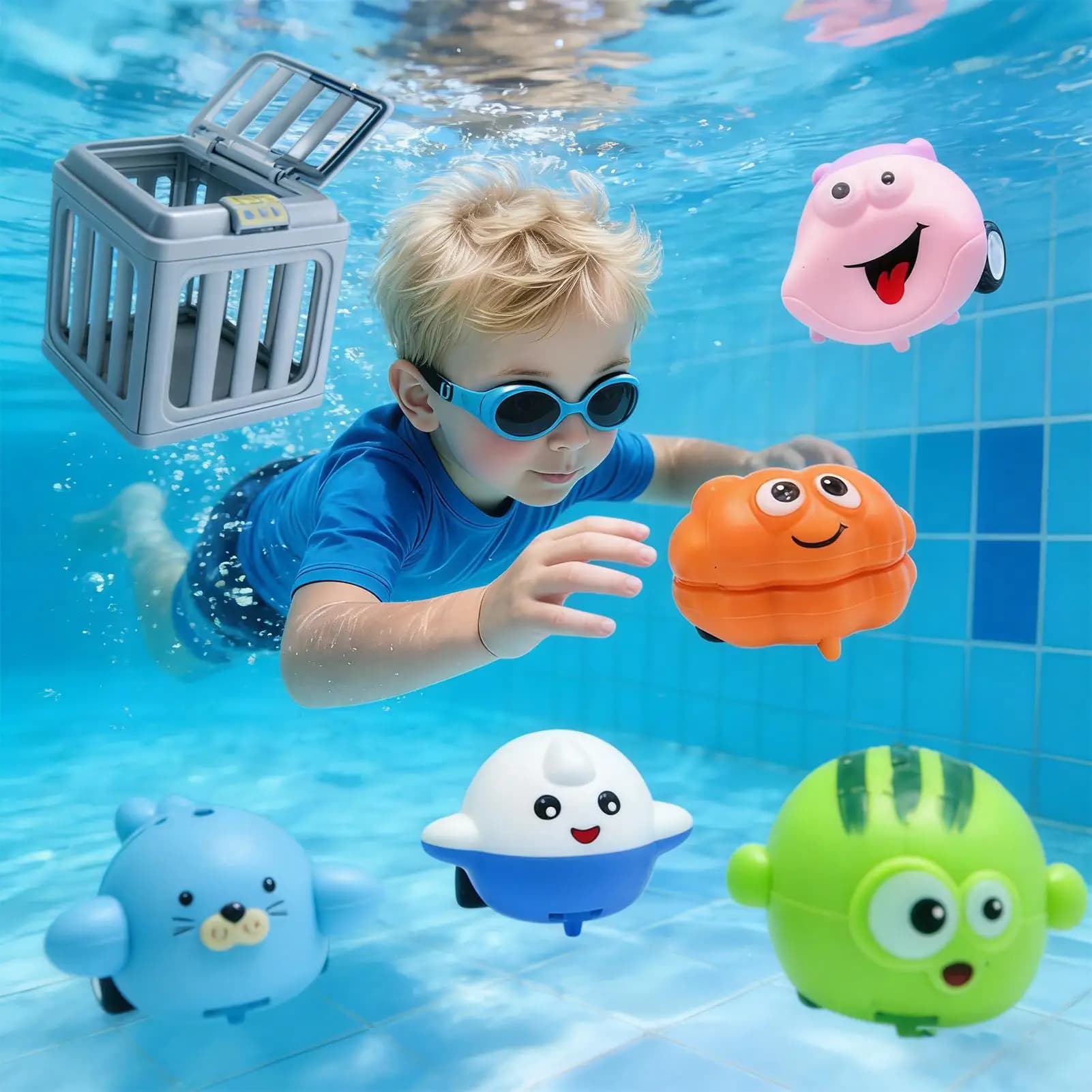 Set di 6 Giocattoli Subacquei Affondabili con Gabbia Portaoggetti, Giochi per Piscina per Bambini, Spiaggia, Lago, Vasca da Bagno, Parco Acquatico
