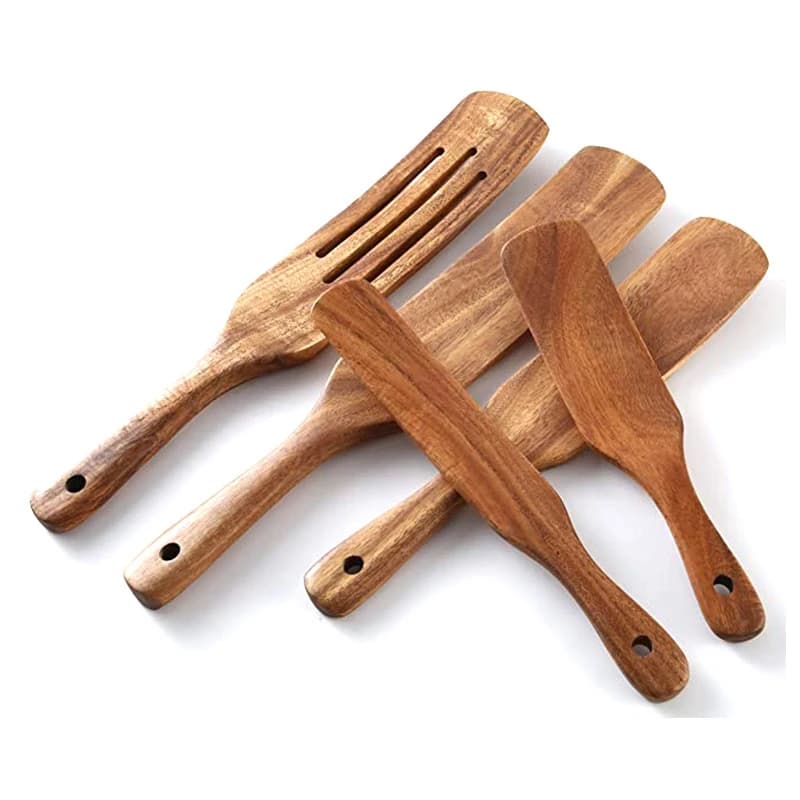 Set di spatole in legno (5 pezzi) - Set di utensili da cucina in legno di teak - Utensili da cucina in legno antiaderenti resistenti al calore per mescolare e stirare