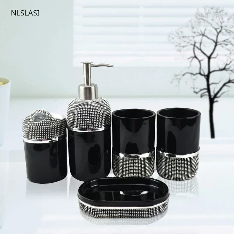 Set di sei pezzi in resina con stampa semplice Set di accessori per il bagno Dispenser di sapone tazza di gargarismi porta spazzolino portasapone con vassoio