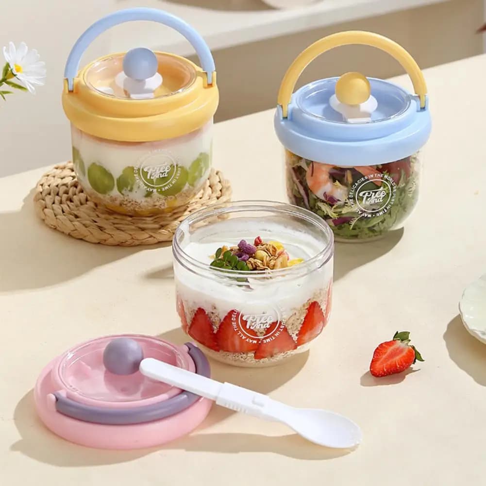 Ciotola Portatile per Insalata con Forchetta Integrata e Coperchio, Contenitore in Plastica a Doppio Strato da 600ml per Overnight Oats, Frutta, Preparazione Pasti e Snack