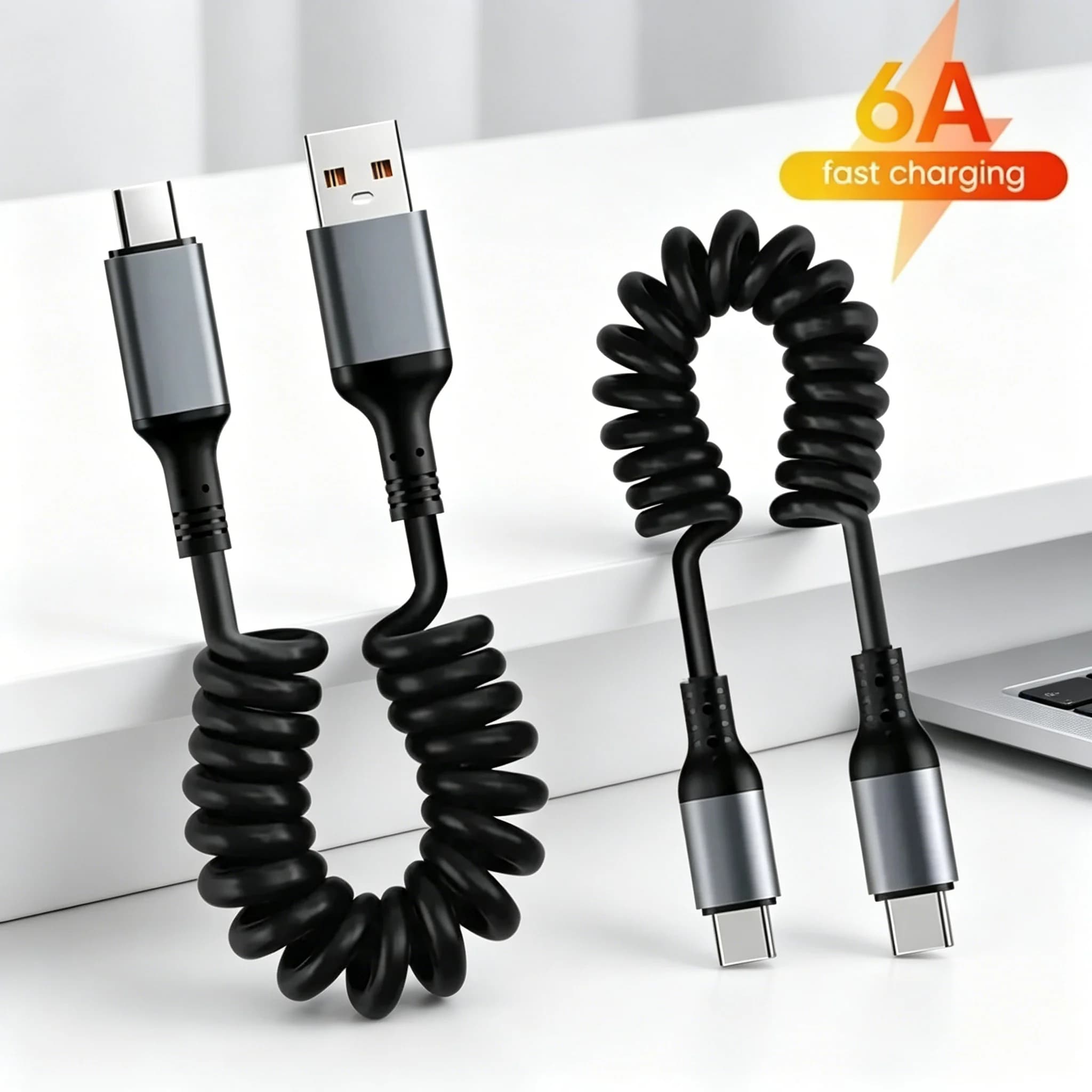 Cavo USB Type C da 66W 6A con ricarica rapida PD, cavo dati a molla retrattile, cavo di ricarica USB C per iPhone, Samsung, Xiaomi, Huawei