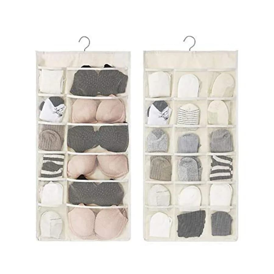 Closet Hanging Organizer with Mesh Pockets and Rotating Metal Hanger, Dual Sided Wall Shelf Wardrobe Storage Bags, Oxford Cloth