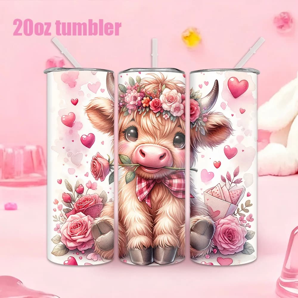 Bottiglia d'acqua con cannuccia da 20 once, tazza isolata in acciaio inossidabile con motivo di mucca che indossa un ghirlanda, rosa e cuore.