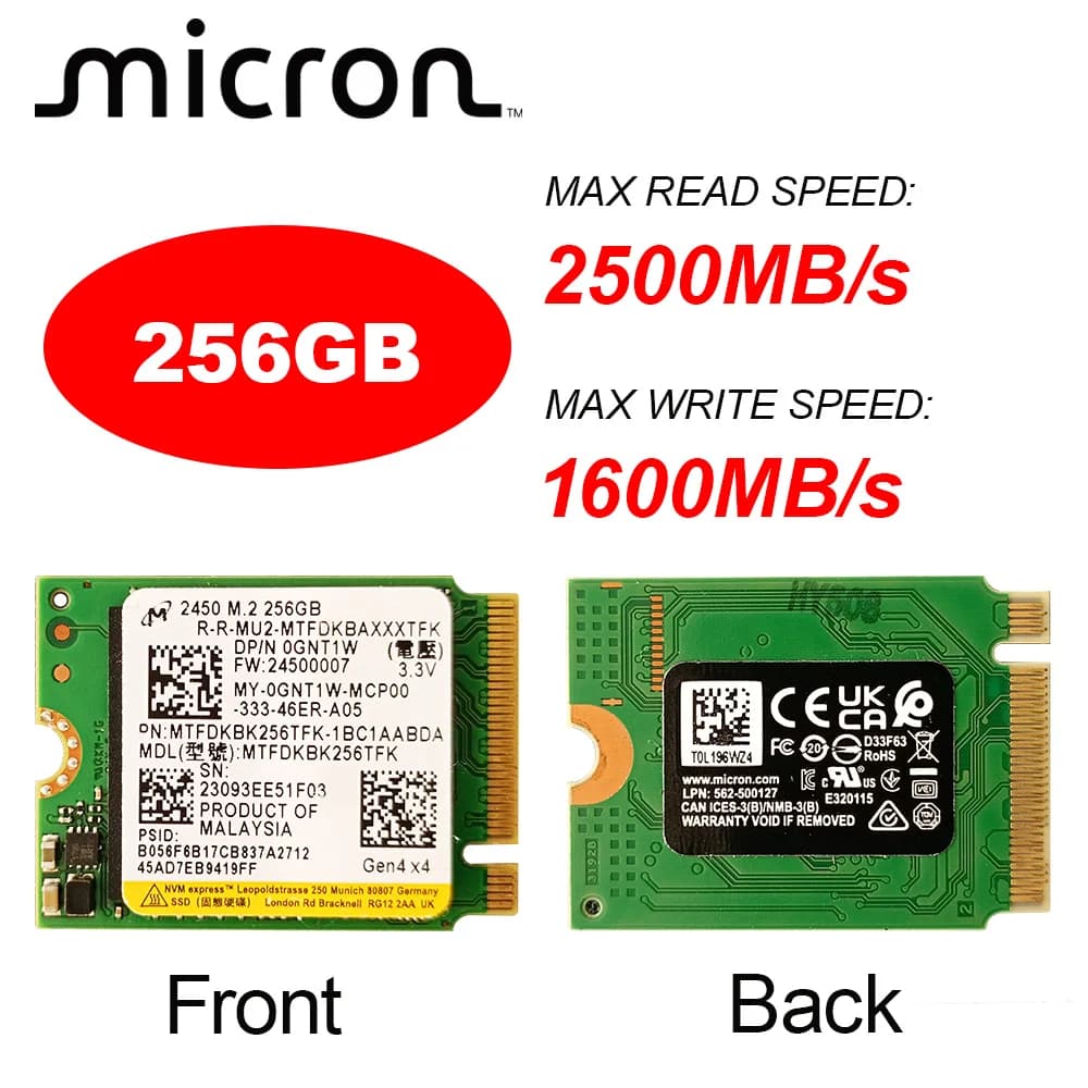Oemgenuin Micron 2450 256 GB NVME GEN4X4 SSD Unità a stato solido interna 2230 Fattore di forma M Key Steam Deck (MTFDKBK256TFK)
