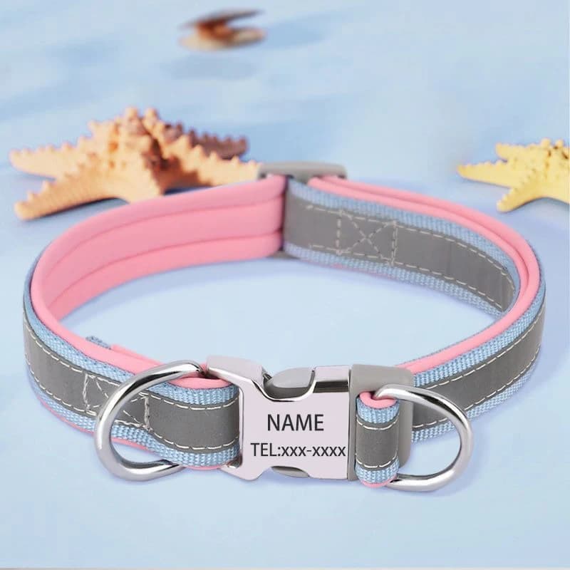 Collare per cani riflettente personalizzato con targhetta identificativa personalizzata incisa - Collare per cuccioli regolabile per la sicurezza diurna e notturna, essere visto in scuro