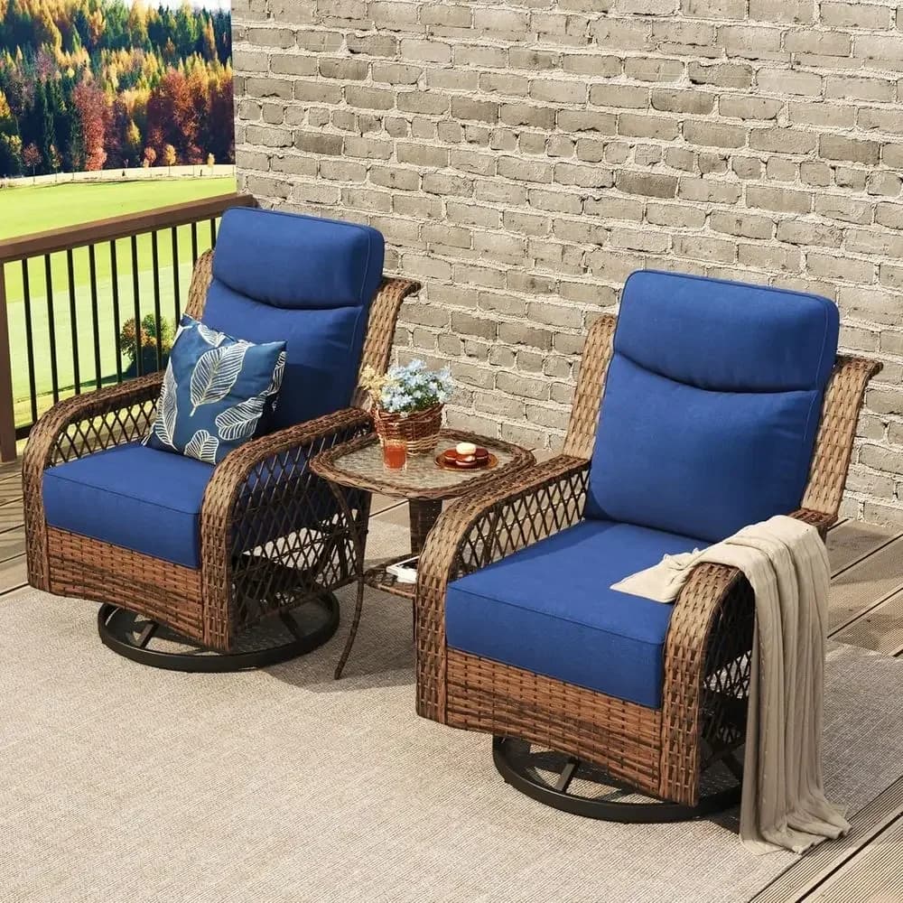 3-Piece Outdoor Wicker Rocking Chair Set with Swivel and Side Table, Thick Cushion for Patio, Porch, Deck, Garden