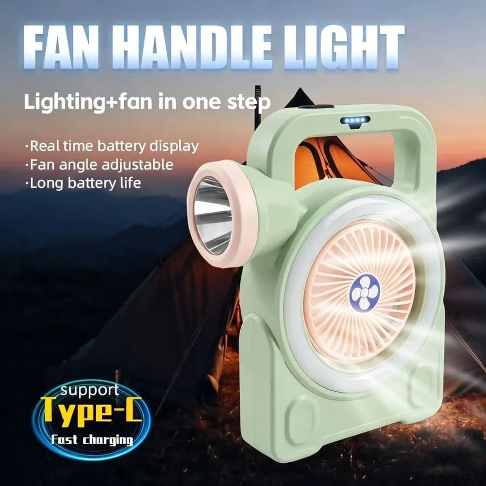 Compact Lightweight Camping Fan with Rechargeable Battery and LED Side Lights for Backpacking Tent and Picnic Use