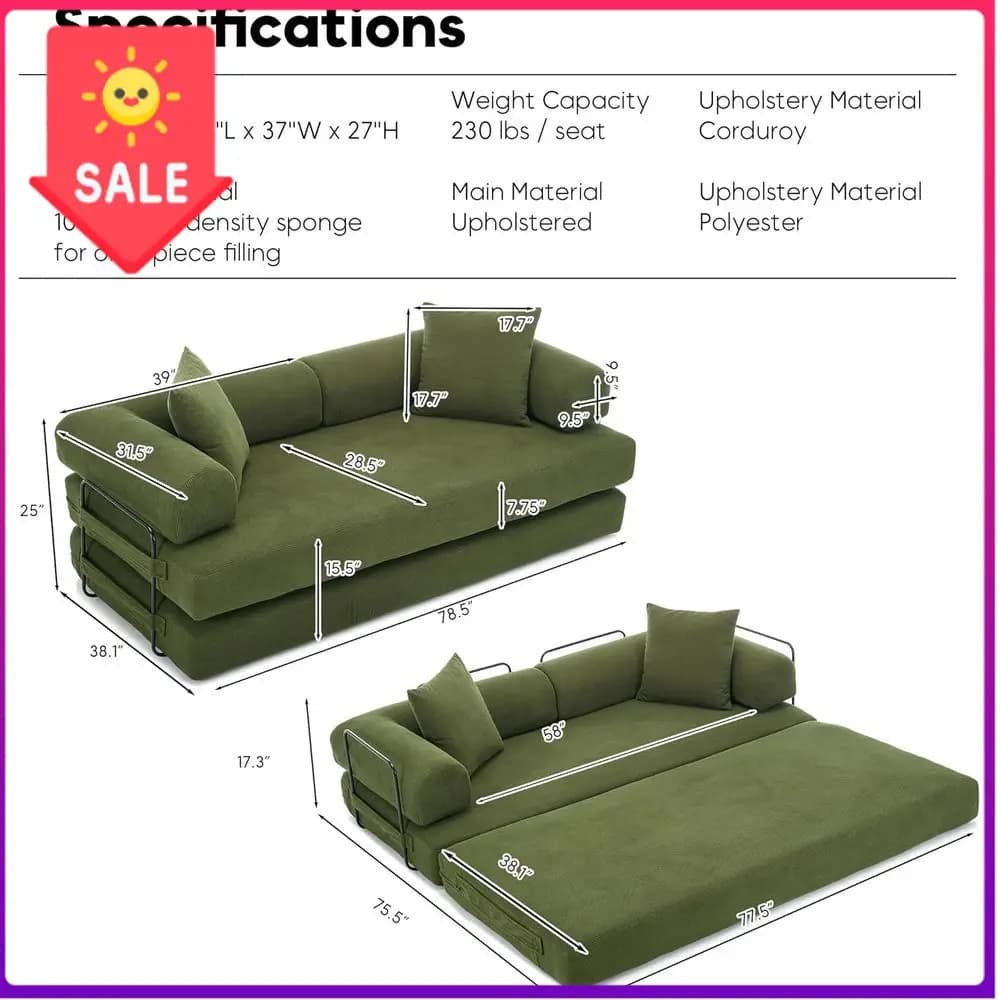 Divano letto convertibile verde in velluto a coste con cuscino cilindrico, divano lounge da pavimento a forme miste per soggiorno o camera da letto - Offerta imperdibile