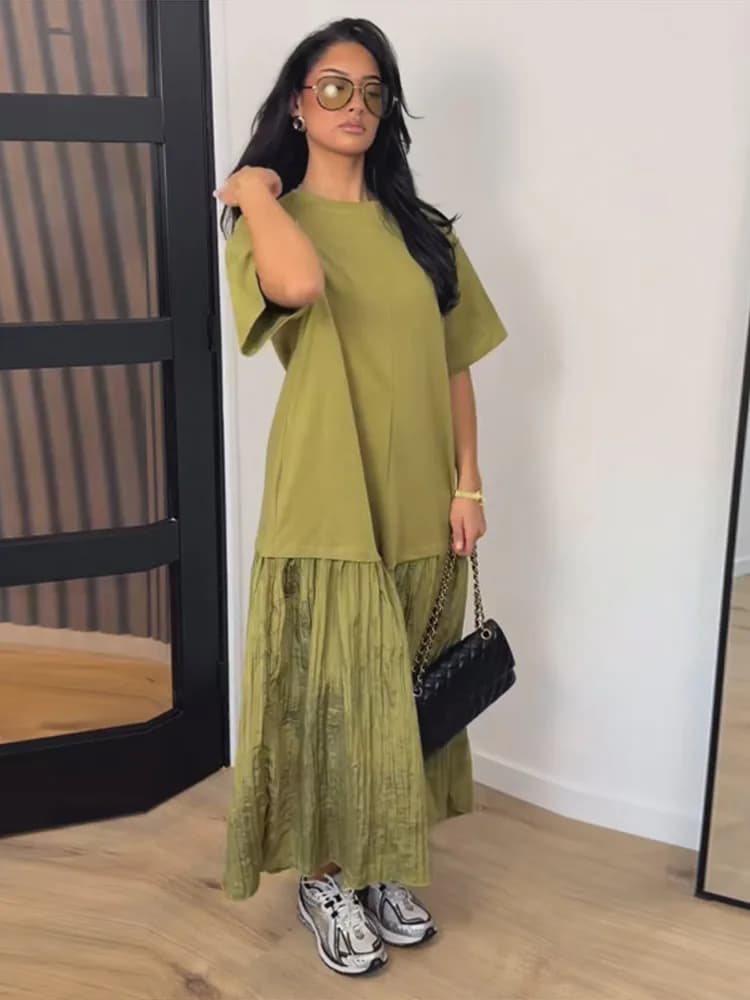 Abito Lungo da Donna in Rete Patchwork, Casual, con Scollo a O e Maniche Corte, Verde, per Ufficio e Pendolarismo, Collezione 2026