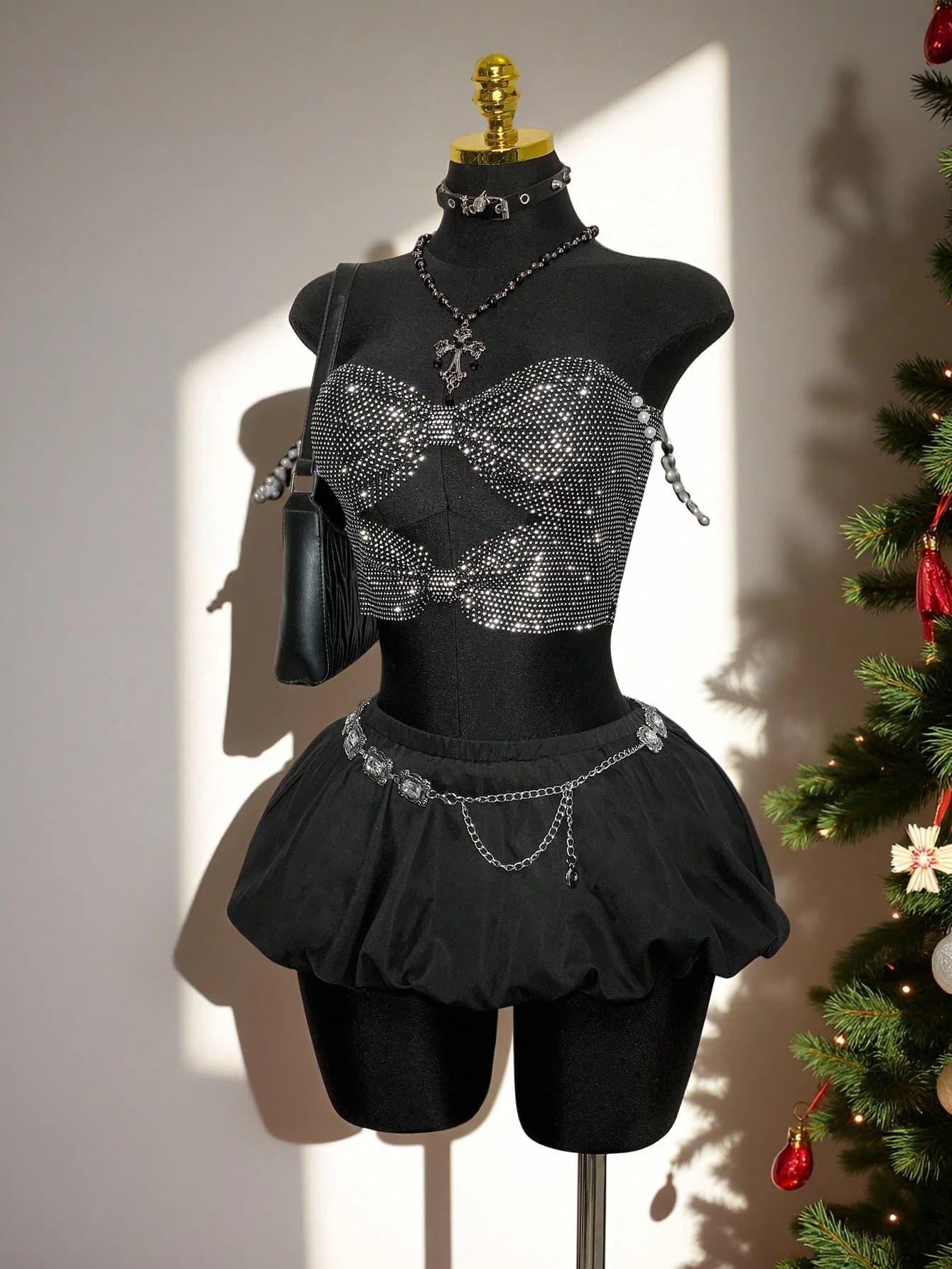 AKYZO Top a rete con diamanti scintillanti da donna, moda europea e americana, sexy, senza spalline, per festival musicali, outfit da ragazza piccante