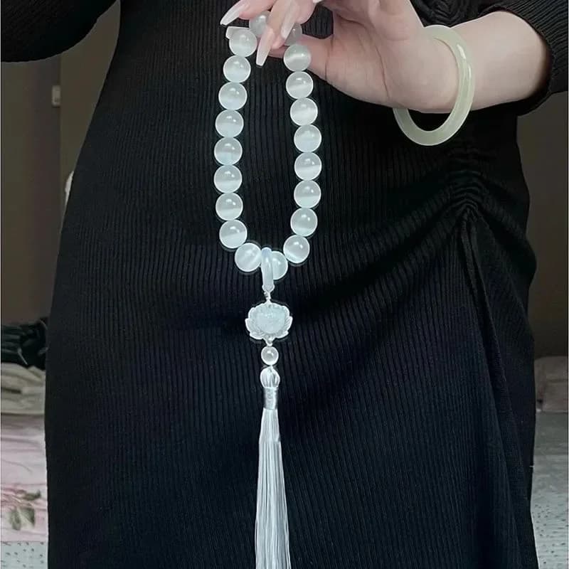 Cat-eye Stone 12mm Beads Lotus nappa bracciale collana tibetano buddista Mala Buddha Charm rosario Yoga uomo donna gioielli