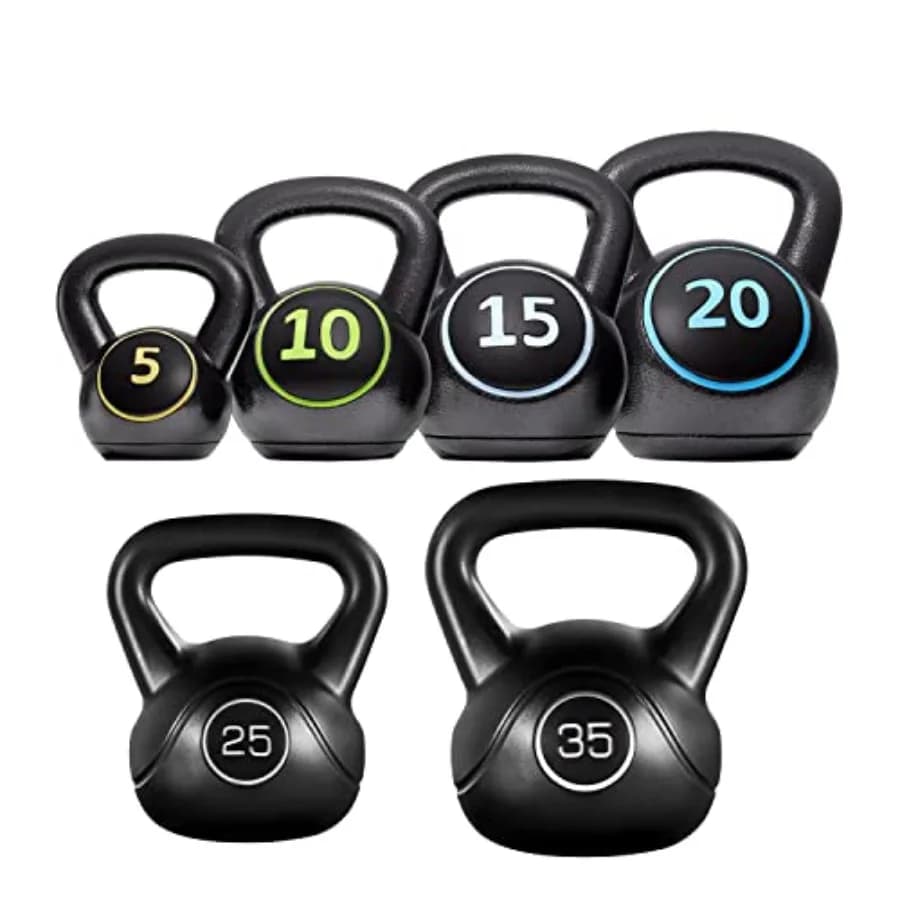 Set di 6 Kettlebell Rivestiti in HDPE, Pesi da 5LB, 10LB, 15LB, 20LB, 25LB, 35LB per Fitness Domestico e Palestra, Attrezzatura Nera Resistente per Allenamento con Pesi