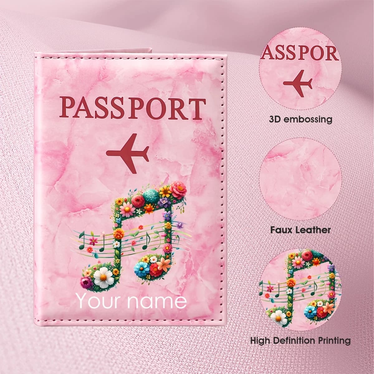 Custom Name Floral Music Note Design Passport Holder, Featuring Pattern That Blends Musical Staves with Colorful Floral Elements