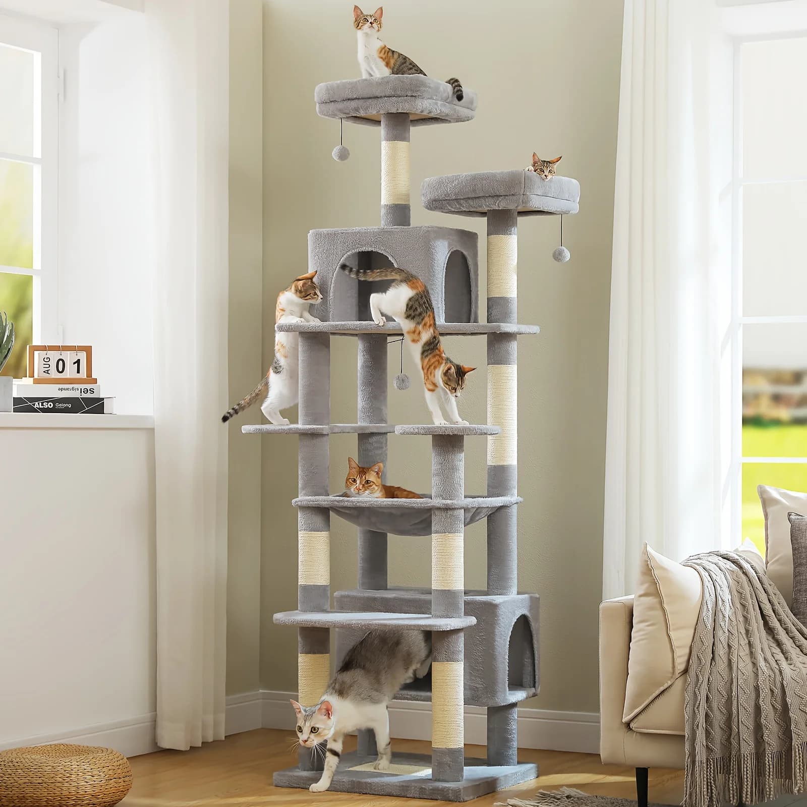 Torre per Gatti Alta 81/65 Pollici con 2 Posti Sdraio, 2 Cucce e Ampia Amaca, Cuccia XL Extra Large con Tiragraffi per Gatti di 9 kg+