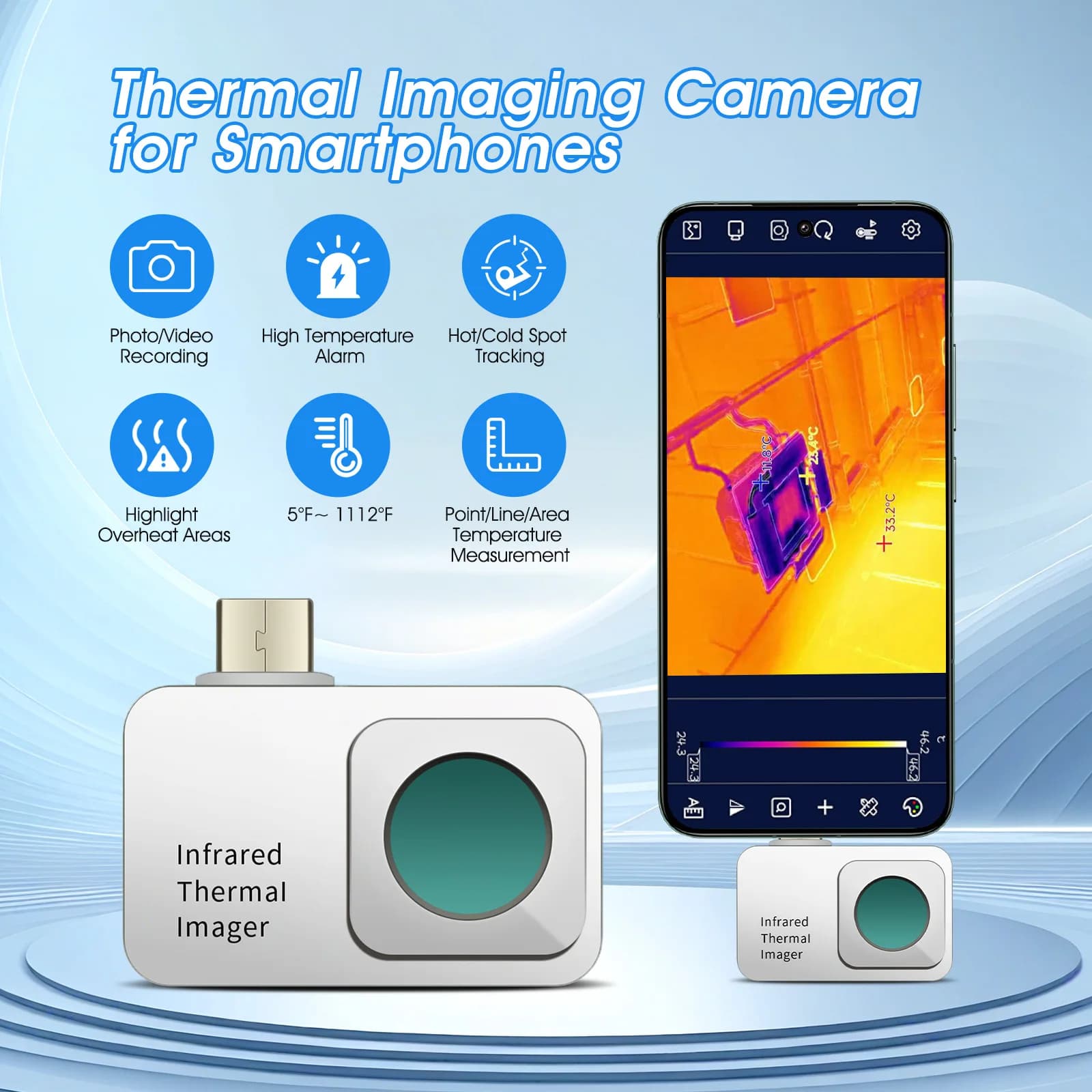 Telecamera termica per telefono Rilevatore termico ad alta risoluzione con obiettivo da 3,2 mm Misurazione della temperatura a infrarossi plug & play per Android