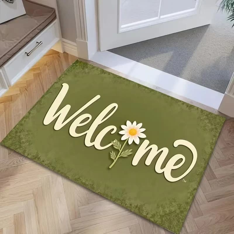 Welcome carpet Fresh Green Daisy, zerbino with spring floral pattern, anti-slip carpet for interior and exterior door, garden, home entrance