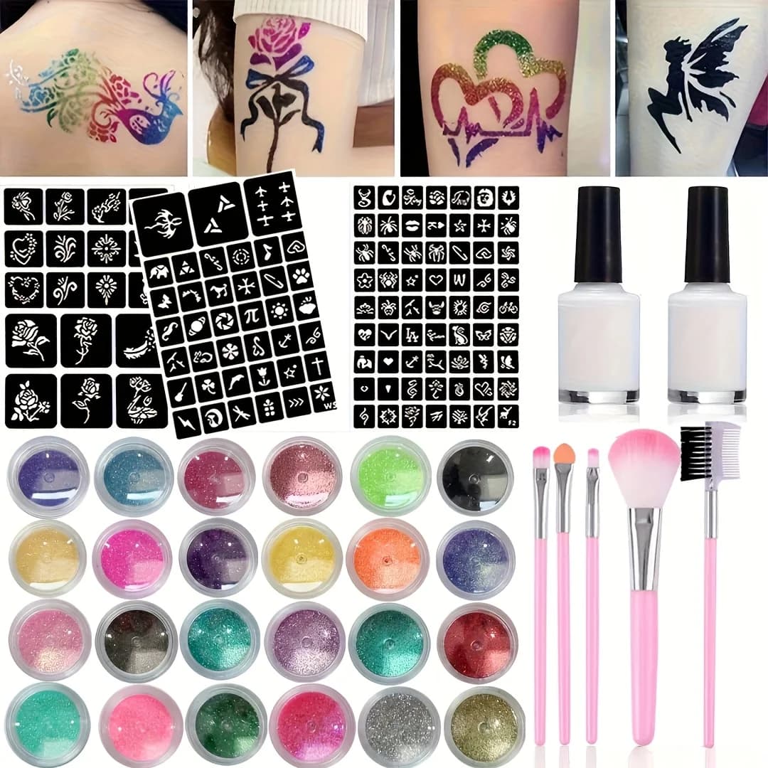 Kit tatuaggio con pennello in carta cerata glitterata colorata, body art temporaneo, tatuaggi temporanei fai da te con disegni vivaci, supporto per tatuaggi temporanei