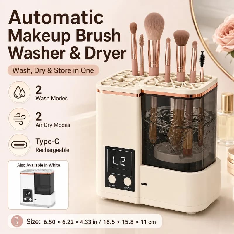 Electric Makeup Brush Washer and Dryer Machine 3000mAh Type-C Cosmetic Brush Cleaner with LCD Display Dustproof Storage Kit Tool