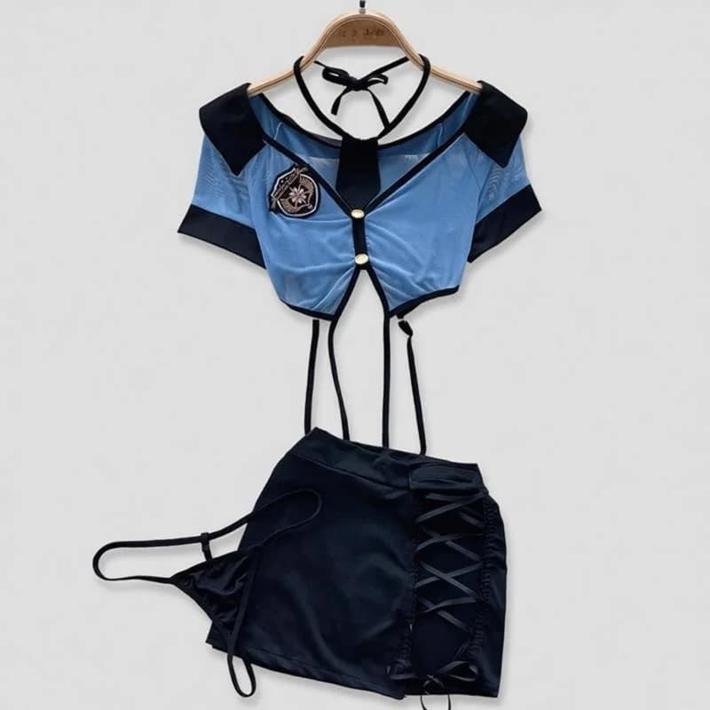 Tornova Preppy Style Sexy Uniform Sets For Women 2024 V Neck Sheer Top+Lace Up Mini Skirt+Thongs Hollow Out Cosplay Porn Suits