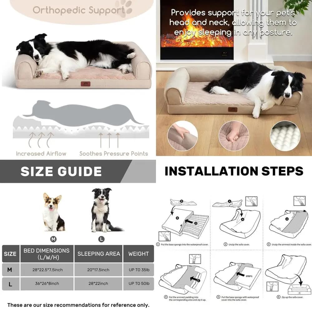 Divano ortopedico per cani di grandi dimensioni, letto in schiuma di supporto con rivestimento rimovibile, antiscivolo e impermeabile, kaki, L (36x26x8)