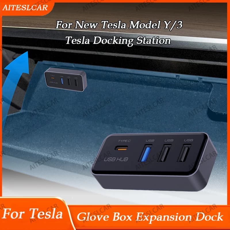 Docking station Hub USB 4 in 1 for Tesla Model 3 Model Y Glovebox for Dashcam Flash Drive Data Transfer Games Music