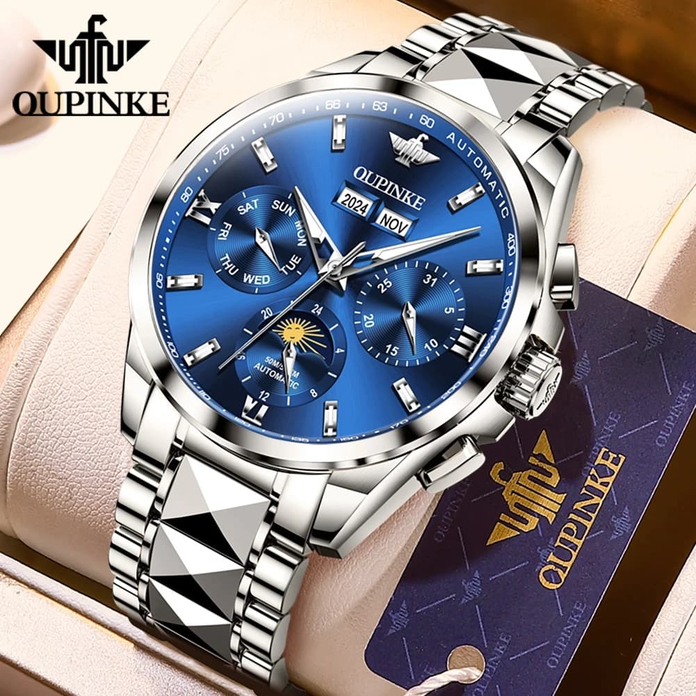 OUPINKE Men's Watches Top Brand Business Tungsten Steel Original Automatic Mechanical Watch for Man Sapphire Mirror Moon Phase