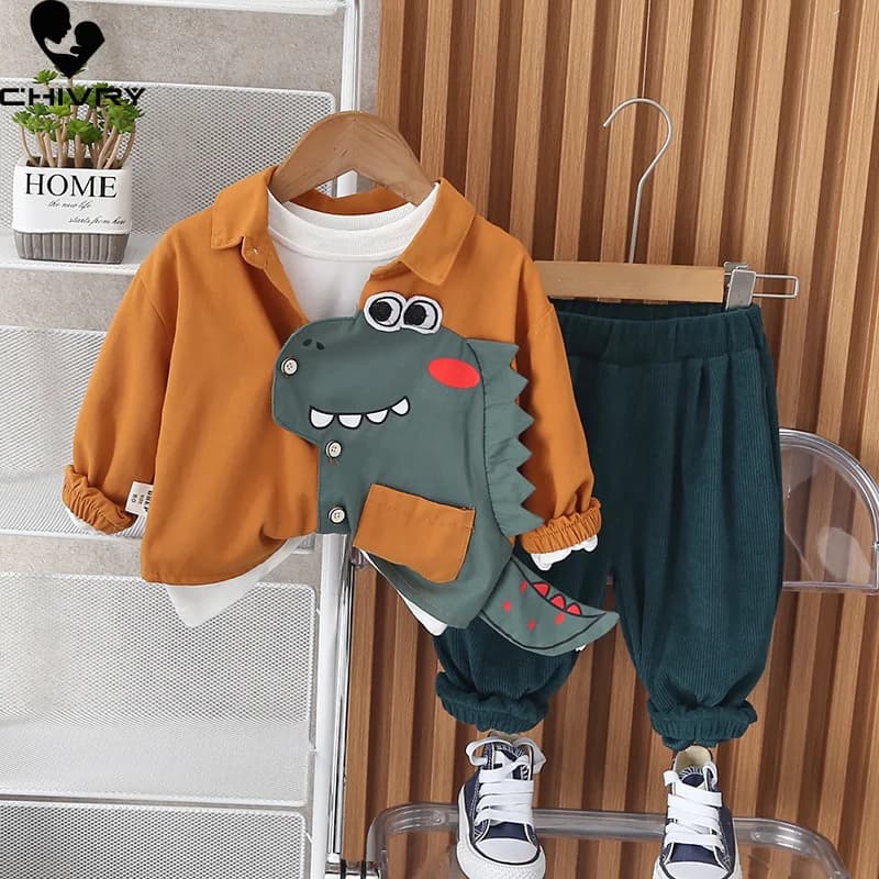 Nuovo 2023 neonati maschi autunno moda cartone animato dinosauro giacca con risvolto felpa con pantaloni bambini moda tre pezzi set di abbigliamento