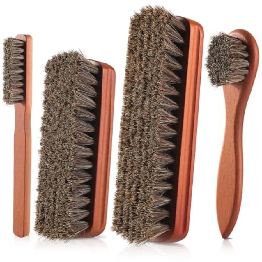4 Pcs Shoe Brush, Boot Brush, Horse Hair Brush for Leather, Shoe Polish Brush, Professional Leather Shoe Care Brushes, Horsehai