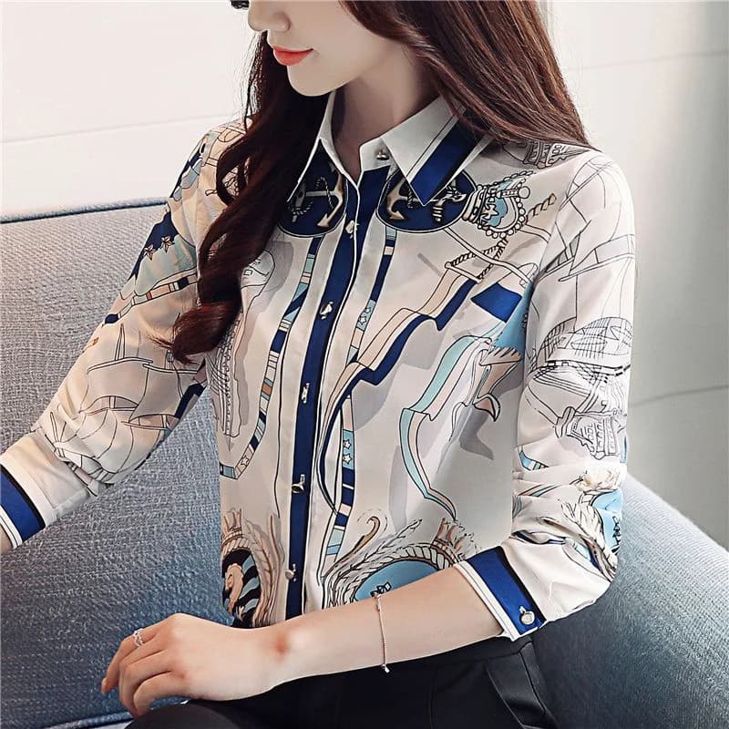 Fun Print Chiffon Shirt Women Polo Collar Loose Casual Long Sleeve Blouse