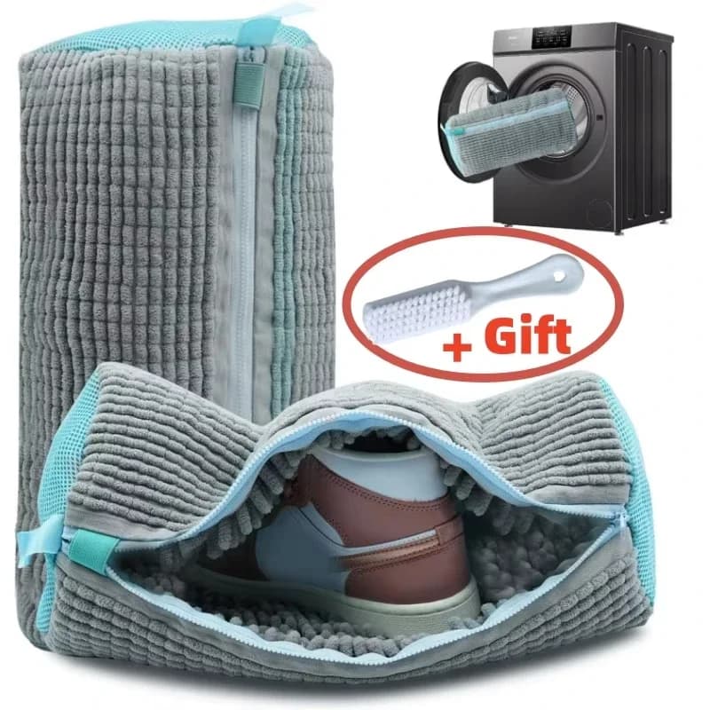 Set di Sacchetti per Lavaggio Scarpe in Lavatrice con Cerniera, Sacchetto per Pulizia Scarpe con Spazzola, Fibre Morbide per Lavaggio Calzature