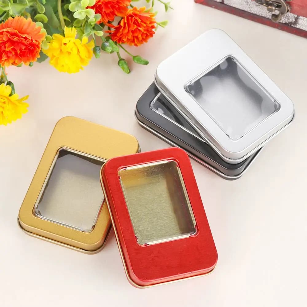 1 transparent metal container with metal upper window with lid, small tin boxes, empty containers, silver storage box, organizer