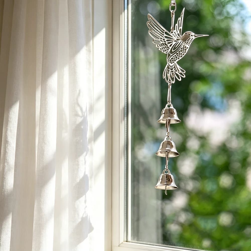 D9 Mini Lucky Hummingbird Wind Chimes Metal Wind Bell Breeze Dancing Hanging Car Pendant Garden Window Tree Decor 3 Bells + Hook