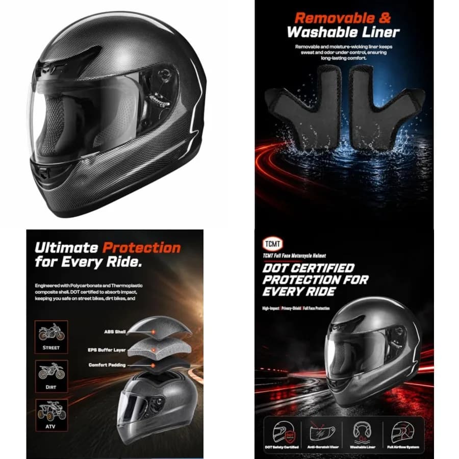 Casco Integrale per Moto per Adulti, Uomini e Donne, Leggero in Policarbonato per Moto Stradali e Fuoristrada con Visiera Antigraffio