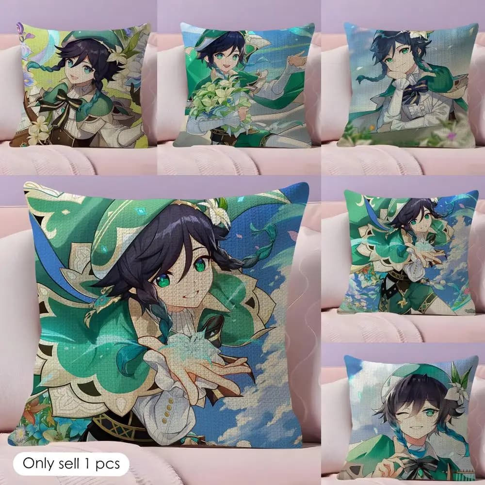 Venti Genshin Impact Cushion Cover Natural Linen Organic Fabric Double-Sided Printing Sofa Home Decor Gift Pillow Case