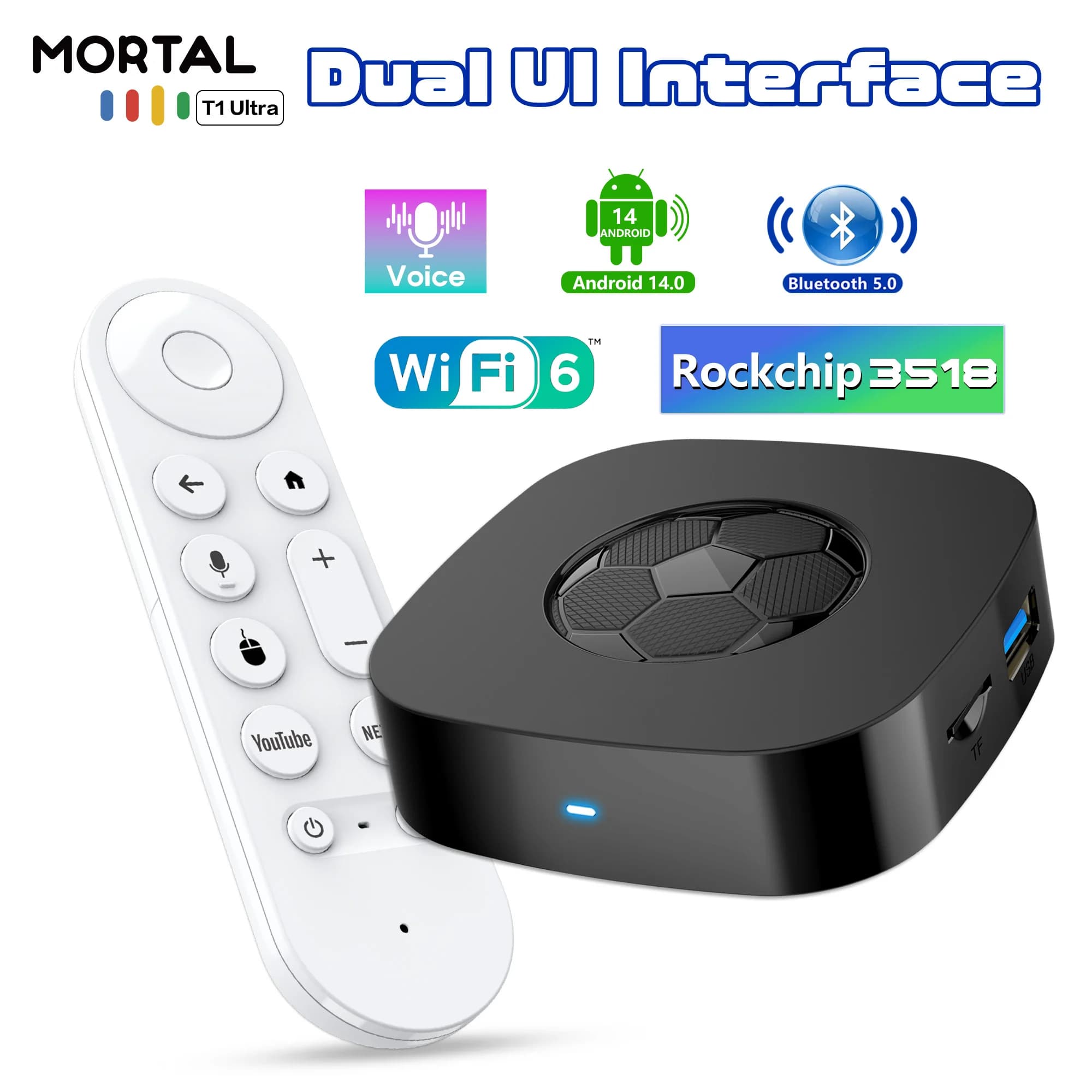 MORTAL T1 Ultra TV Box Rockchip 3518 Android 14.0 Dual UI WiFi 6 Bluetooth 5.0 Lettore Multimediale con Controllo Vocale