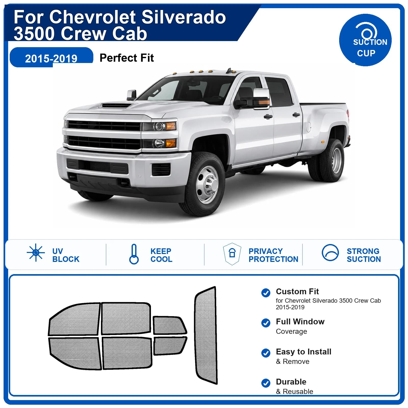 For Chevrolet Silverado 3500 Crew Cab 2015-2019 Custom Full Set Windshield Sun Shade Aluminum Foil Heat Insulation Anti UV Folda