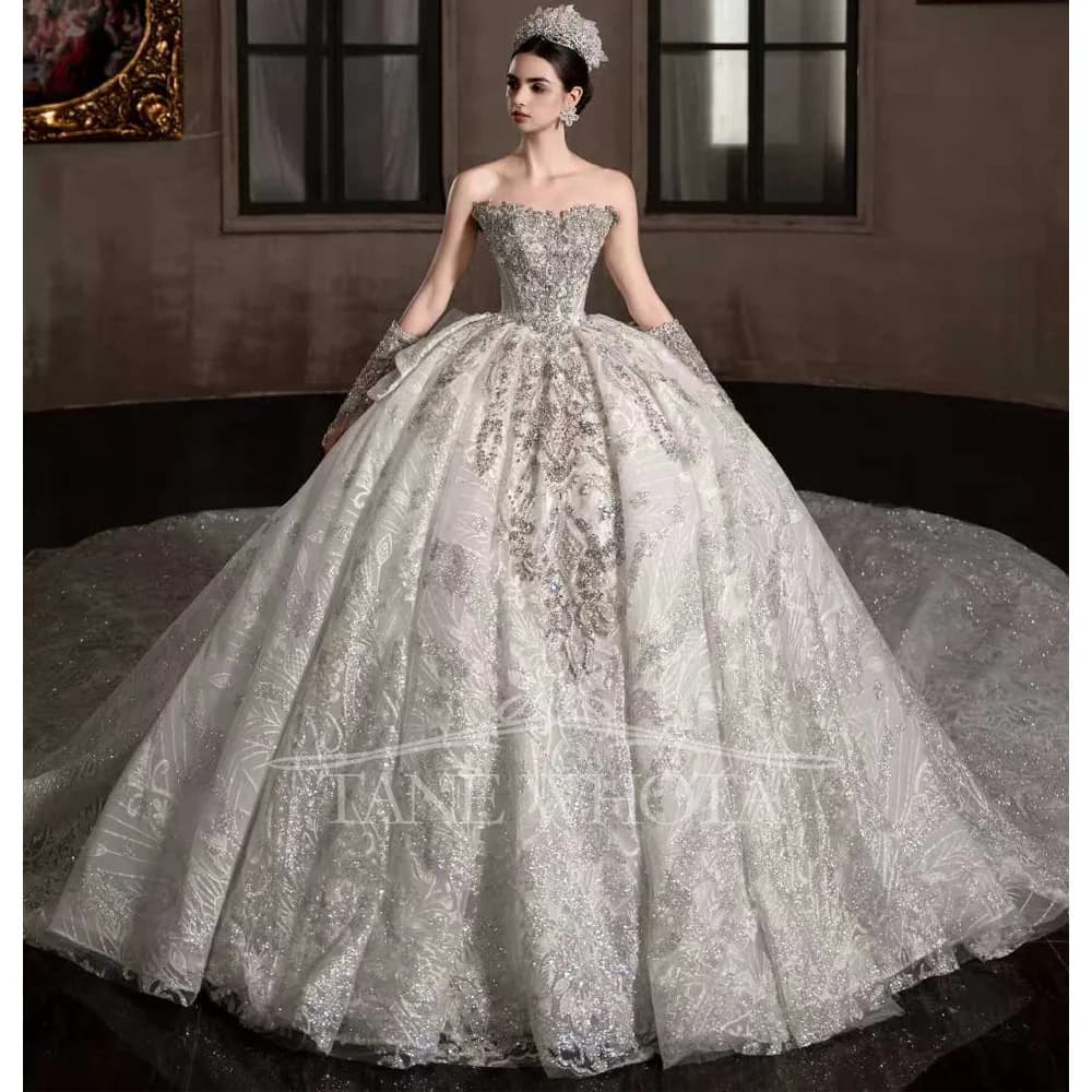 Luxury Off Shoulder Beaded Rhinestones Ball Gown Wedding Dress Sweetheart Customized Crystal Bridal Gown For Brides
