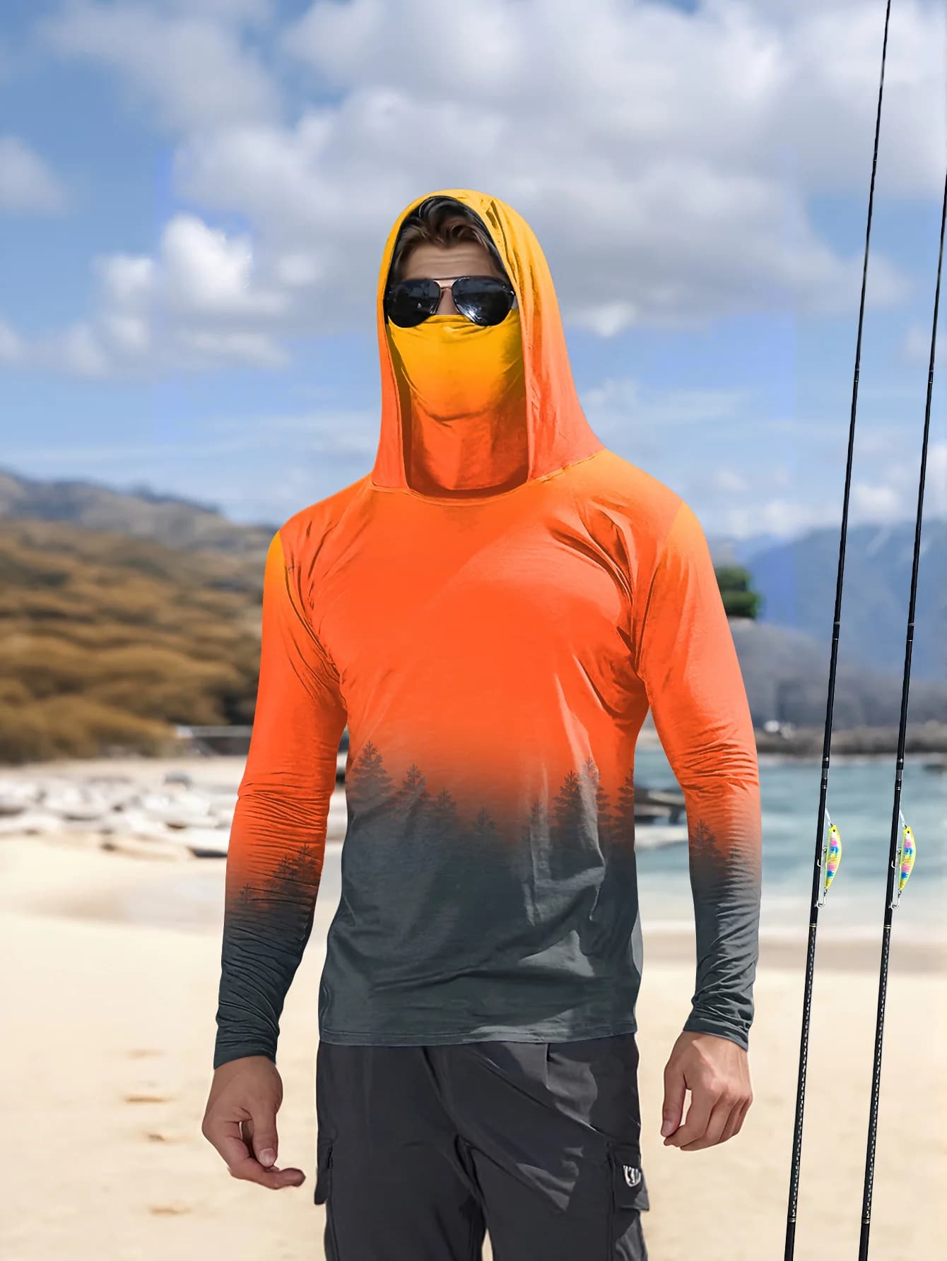 Men's Gradient Forest Printed Sunscreen Fishing Hoodie with Face Mask Quick Drying Long Sleeve Top Beach Rowing Outdoor Fishing
