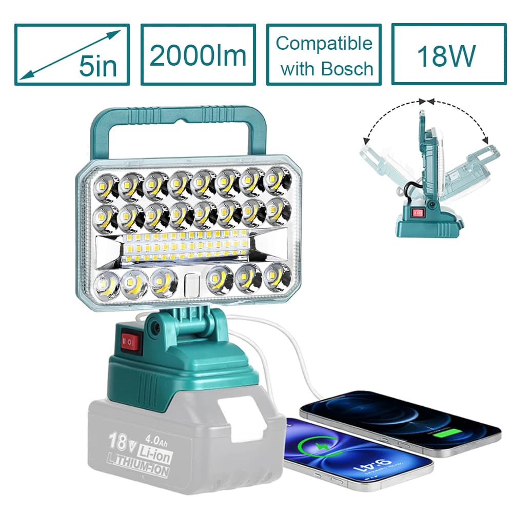 Lampada da Lavoro LED 2000LM Compatibile con Batteria Bosch 20V, Faretto Portatile e Proiettore per Campeggio, Lavoro e Emergenze