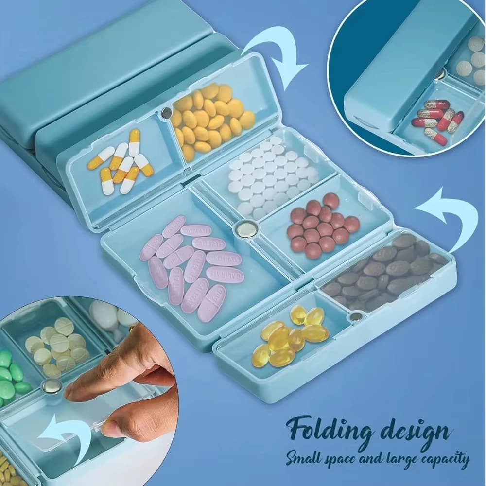 Daily pill holder with 7 compartments Foldable double layer tablet case to store vitamins, cod liver, oil, supplements, drugs