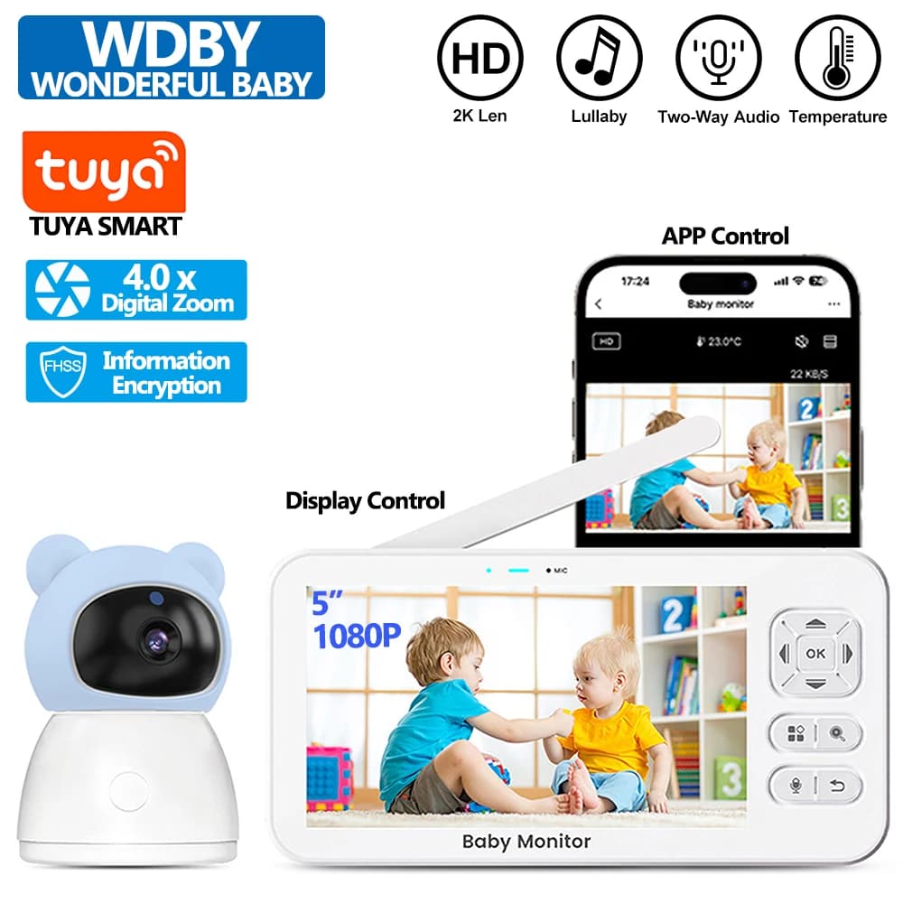 1080P HD, TUYA Baby Monitor, schermo da 5” per visualizzare l'umidità, videocamera per neonati con zoom 2K 4x, rilevamento del pianto, riproduzione TF, Wifi Articoli per neonati