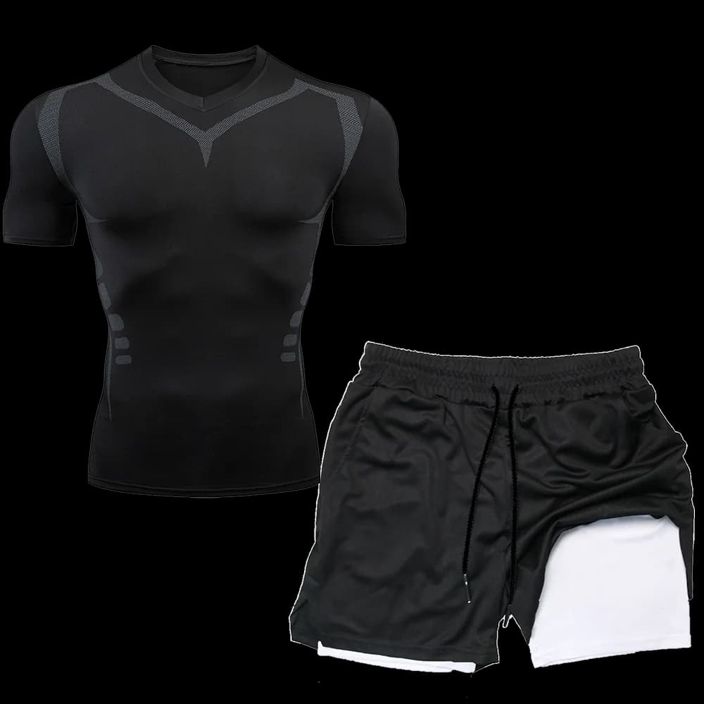Compression Set Running Sport Fitness Suit for Men Quick Dry Compression Shirt+Gym Shorts 2PCS Workout Summer Sportwear