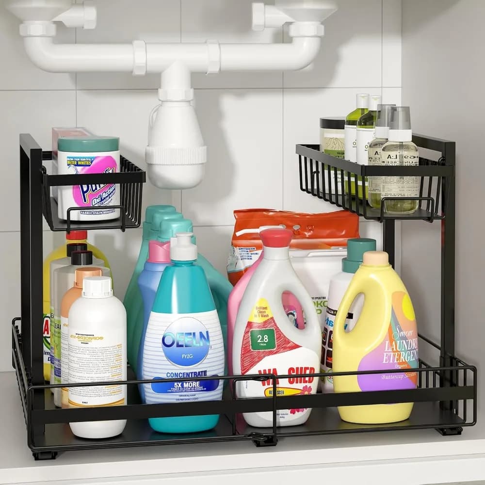 Organizzatore Espandibile a 2 Livelli Sotto Lavello, Ripiano Metallico Regolabile per Prodotti per la Pulizia di Cucina e Bagno